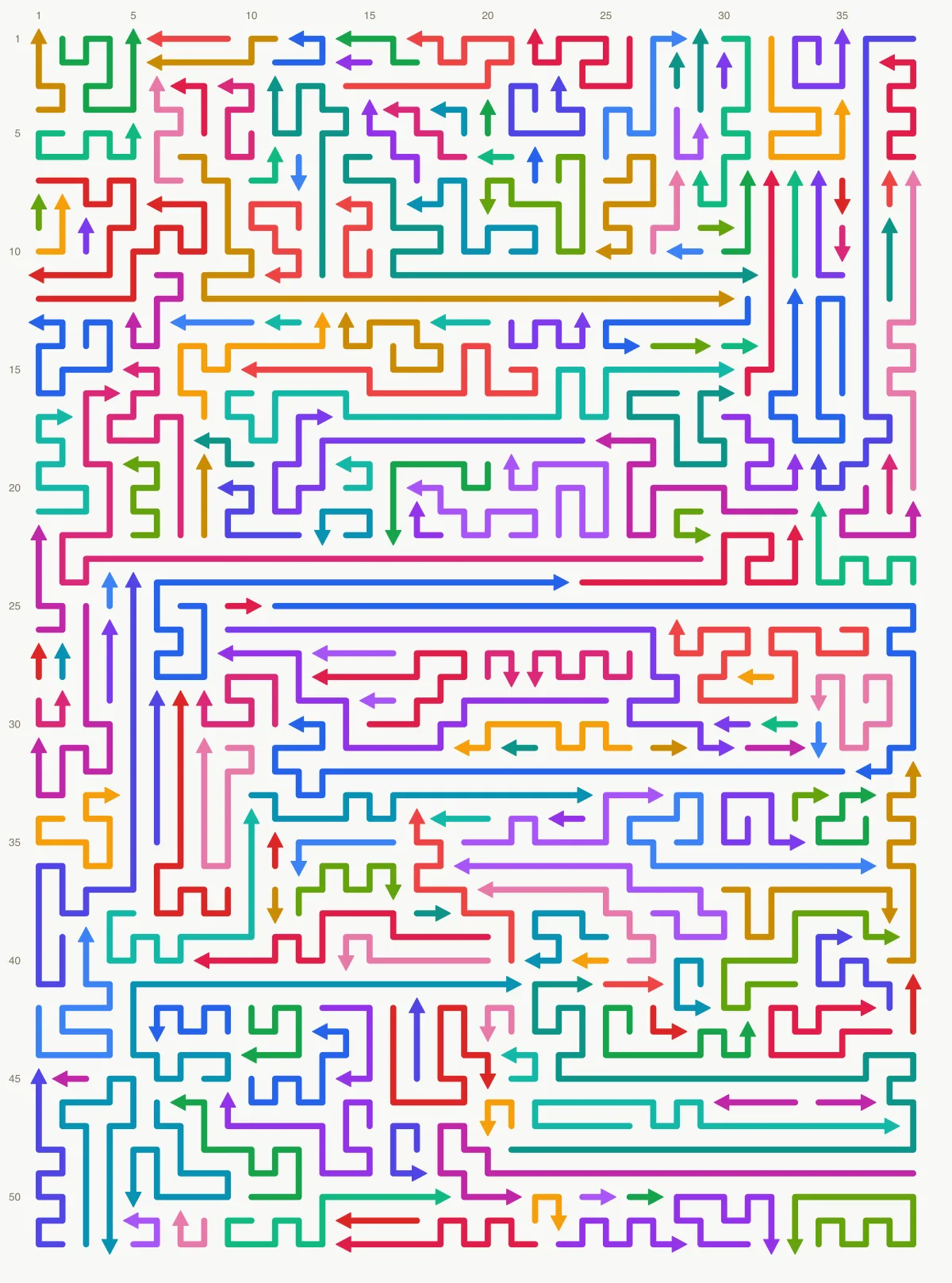 Arrow Escape level 40: 38×52 board with 192 arrows