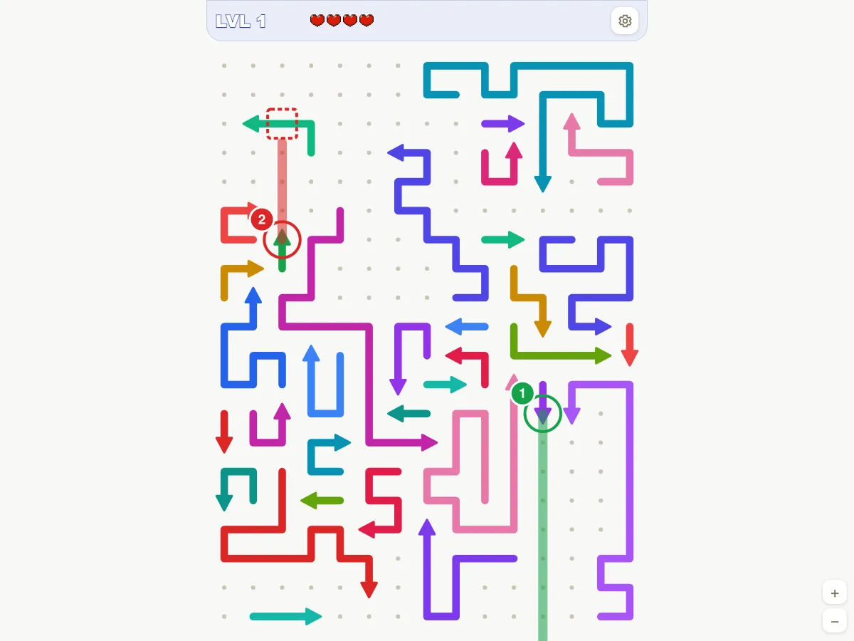 Arrow Escape level 1 after 13 arrows have left, with one free arrow marked in green and one blocked arrow marked in red