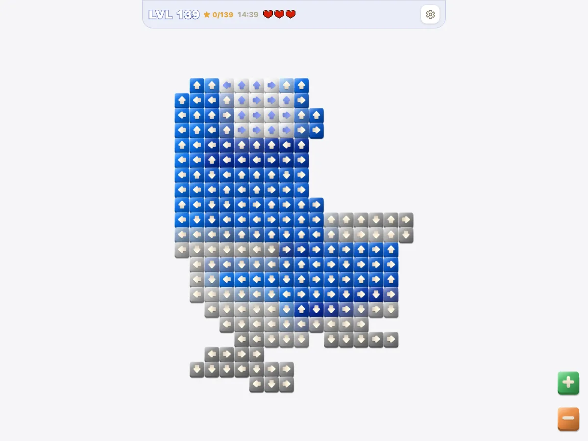 Arrow Puzzle - Tap Away level 139: picture of 219 tiles on a 16×21 grid