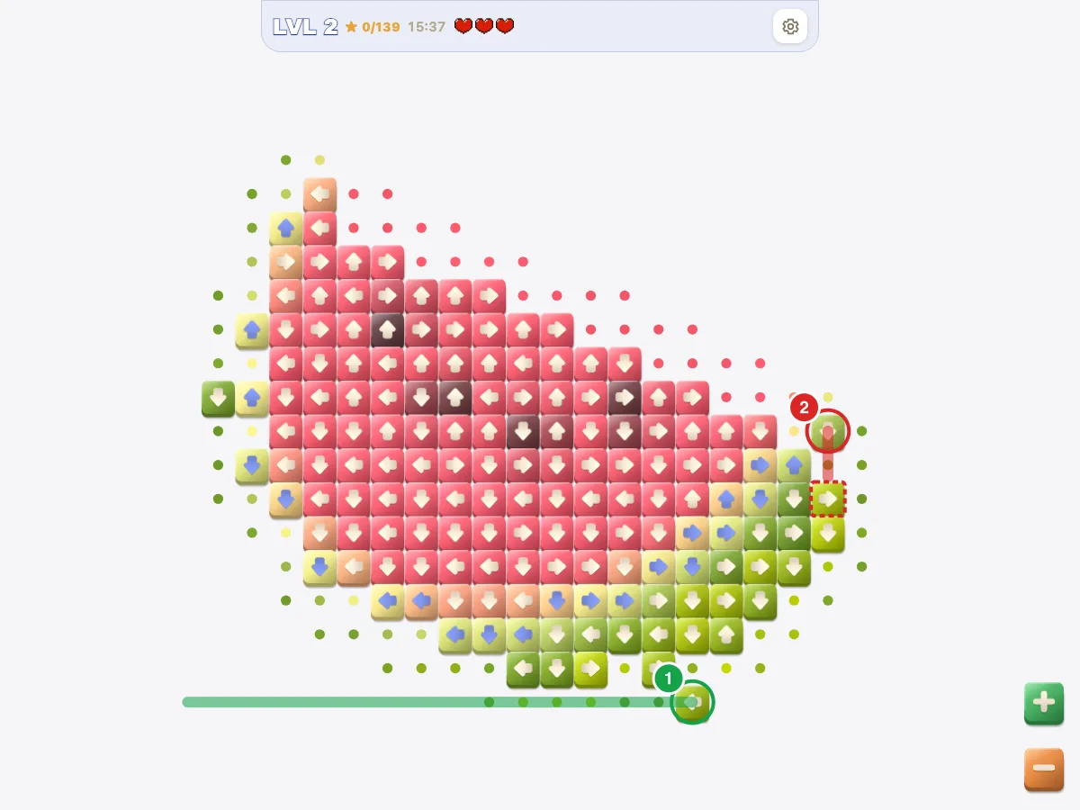 Arrow Puzzle - Tap Away level 2, Watermelon, partly cleared, with one free tile marked in green and one blocked tile marked in red