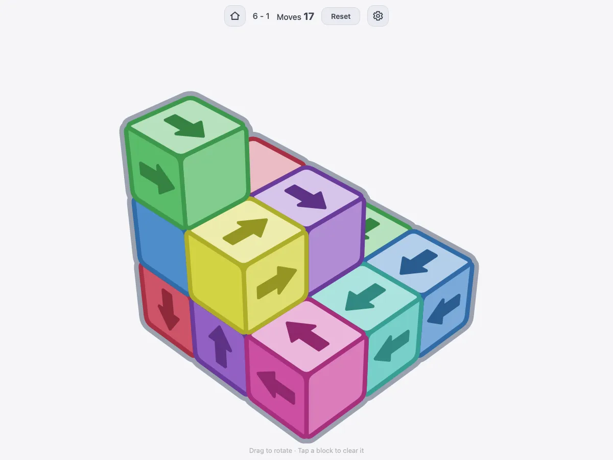 Cube Escape level 75: pyramid stack of 14 blocks, 17 moves