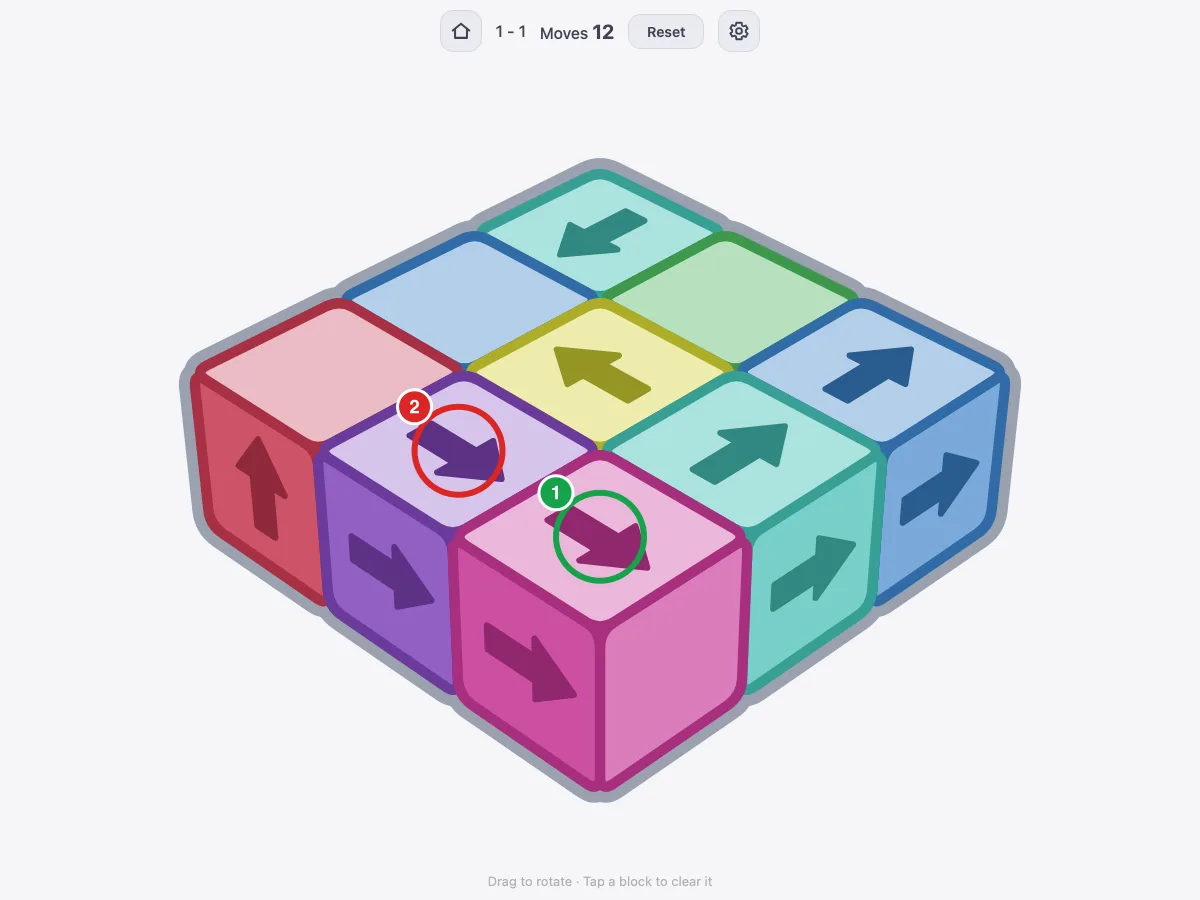 Cube Escape level 1, a 3 by 3 slab of blocks, with a block that can leave circled in green and a block behind it circled in red