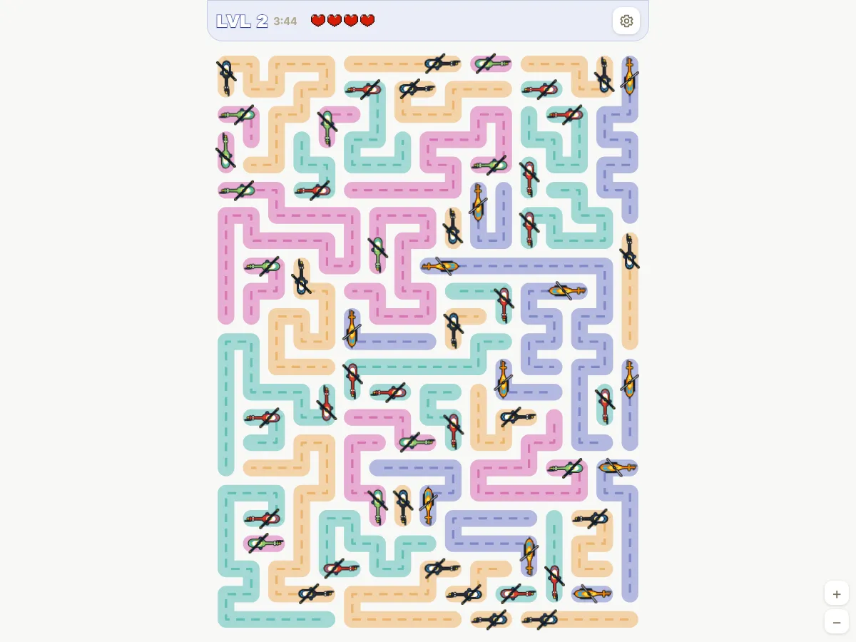 Helicopter Escape level 2: 17×23 board with 56 helicopters