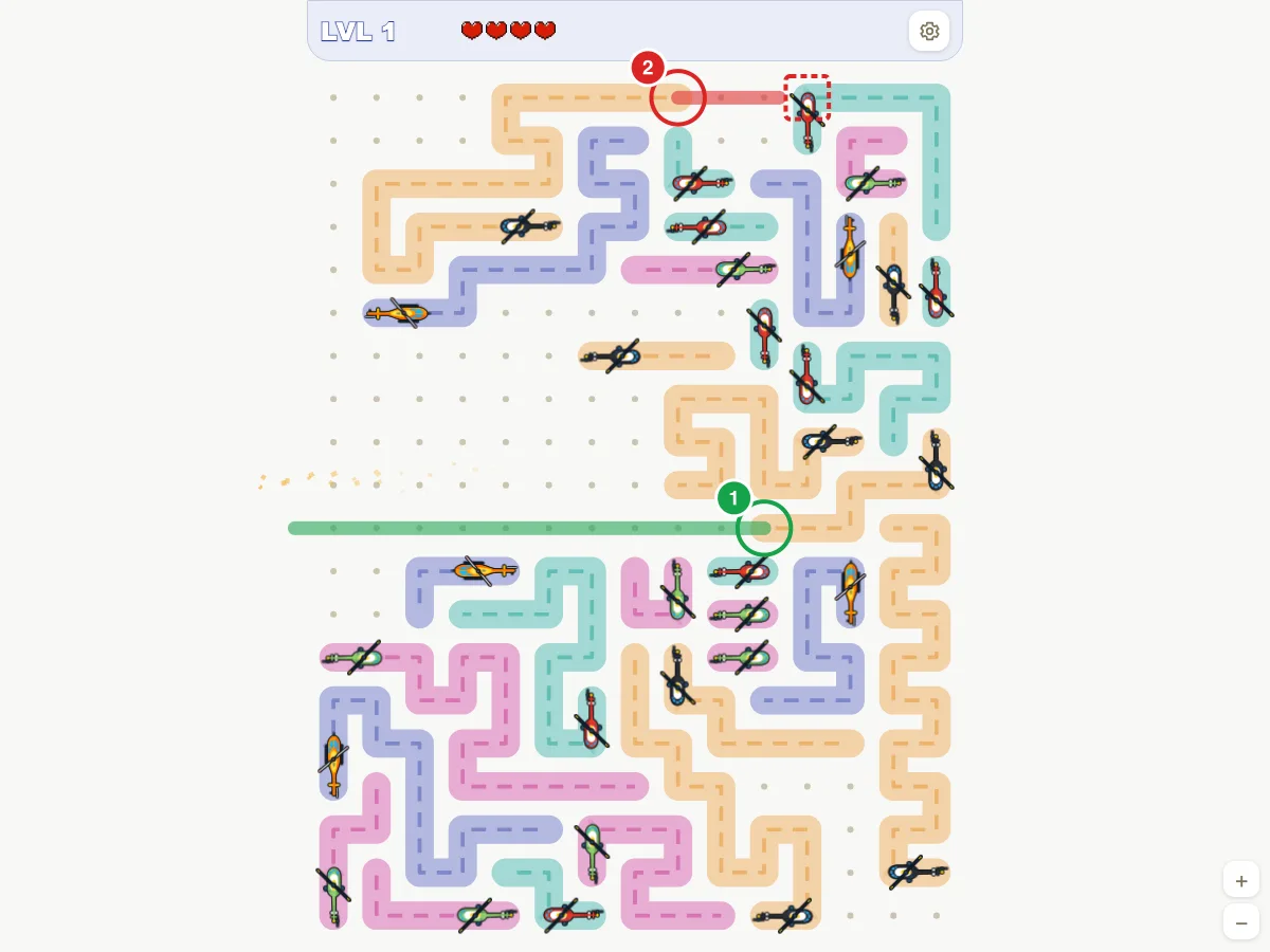 Helicopter Escape level 1 after 14 helicopters have left, with one free helicopter marked in green and one blocked helicopter marked in red