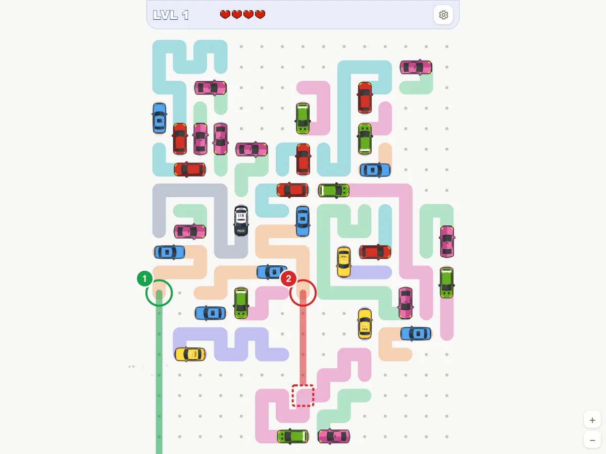 Traffic Escape level 1 after 13 cars have left, with one car that can leave marked in green and one blocked car marked in red